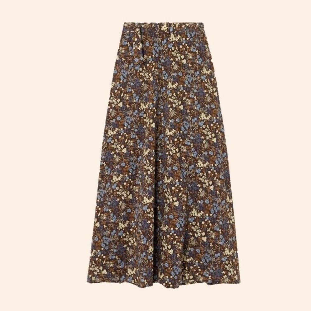 Reformation Brown Floral Midi Skirt with Blue & Cream Blossoms - Picture 2 of 13